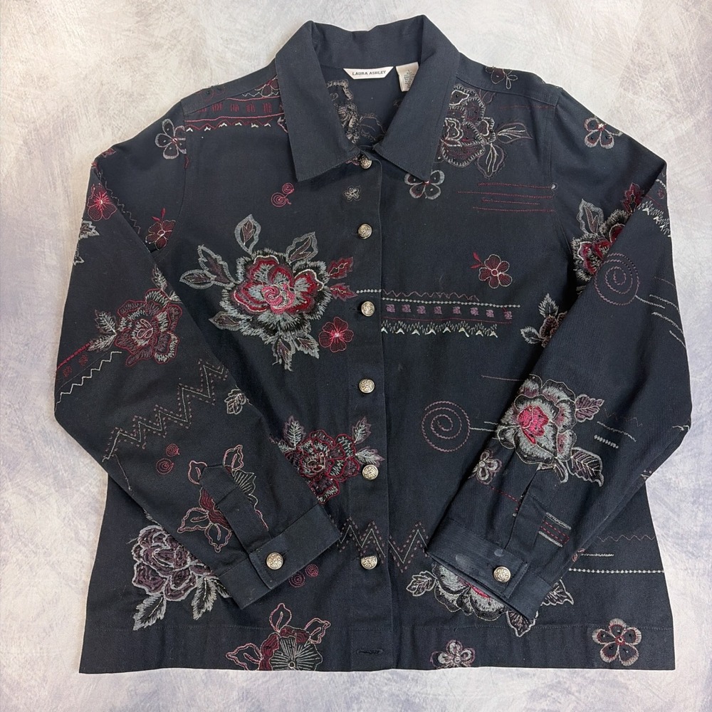 Laura Ashley Womens L Black Floral Embroidered Cotton Jacket Boho Button Front